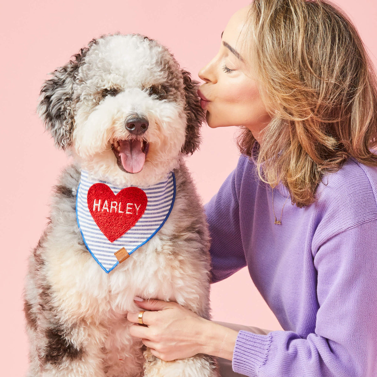 Red Heart Applique Dog Bandana with Blue Stripes and Blue Hem