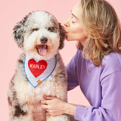 Red Heart Applique Dog Bandana with Blue Stripes and Blue Hem