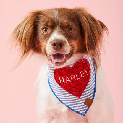Red Heart Applique Dog Bandana with Blue Stripes and Blue Hem