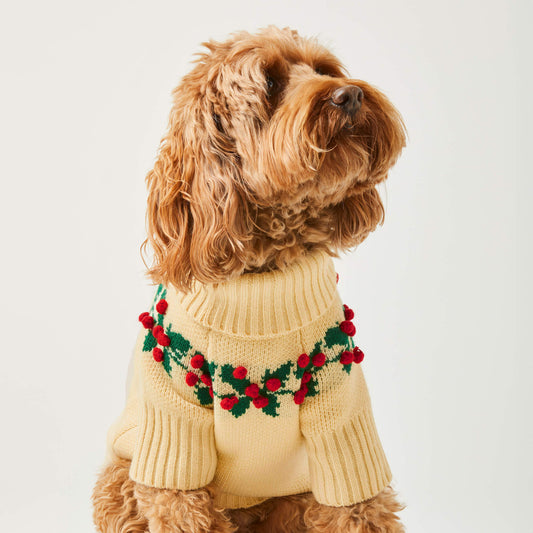 Cream Holly Berry Knit Turtleneck Dog Sweater with Leash Opening