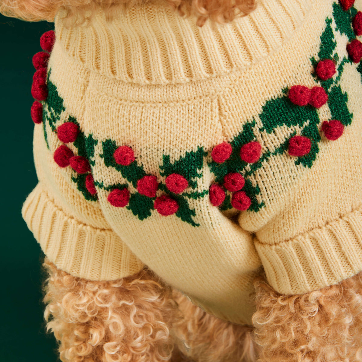 Cream Holly Berry Knit Turtleneck Dog Sweater with Leash Opening