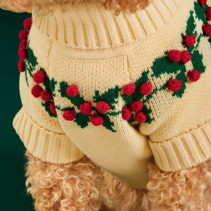Cream Holly Berry Knit Turtleneck Dog Sweater with Leash Opening