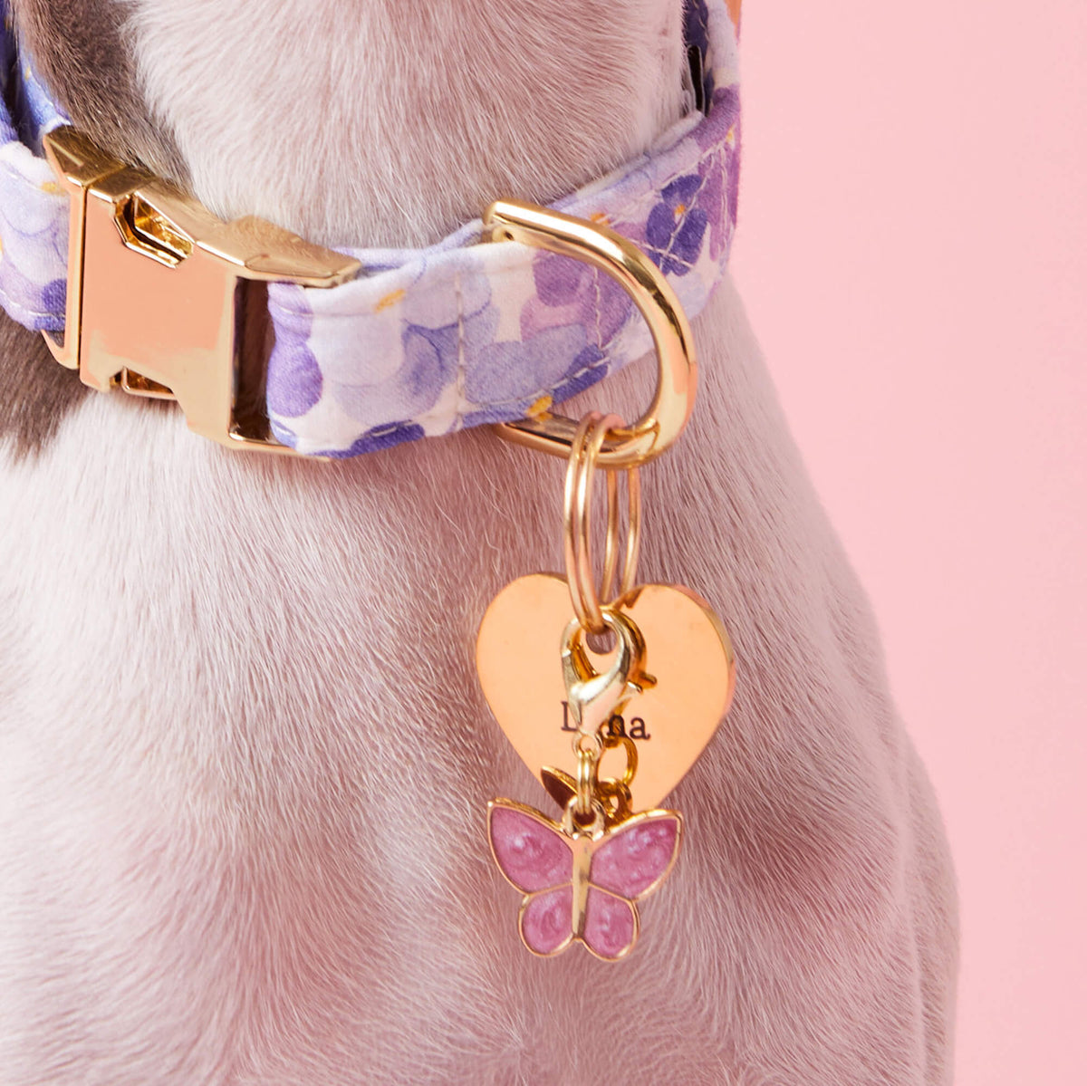 Pink Enamel Butterfly Dog Collar Charm, Double-Sided