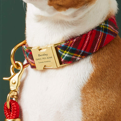 Red Tartan Plaid Flannel Dog Collar with Brass D-Ring