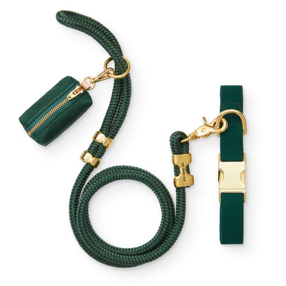 Forest Green Dog Collar, Rope Leash & Waste Bag Holder Set