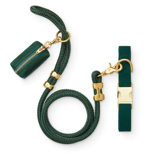 Forest Green Dog Collar, Rope Leash & Waste Bag Holder Set
