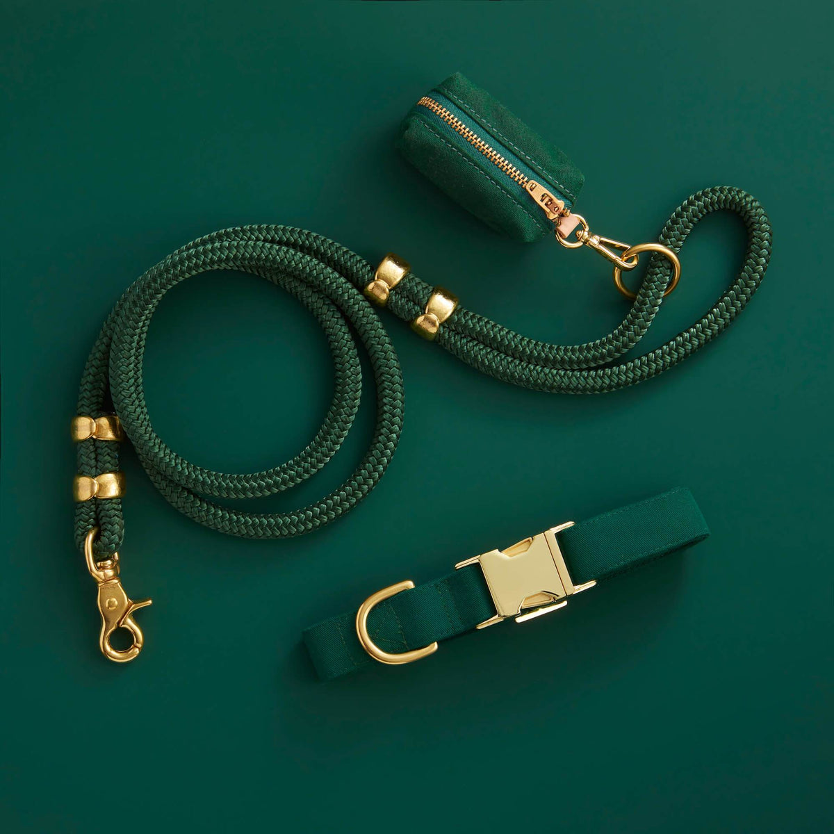 Forest Green Dog Collar, Rope Leash & Waste Bag Holder Set