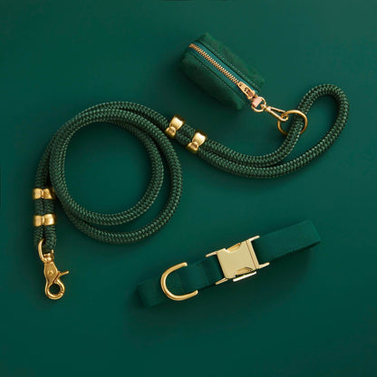 Forest Green Dog Collar, Rope Leash & Waste Bag Holder Set