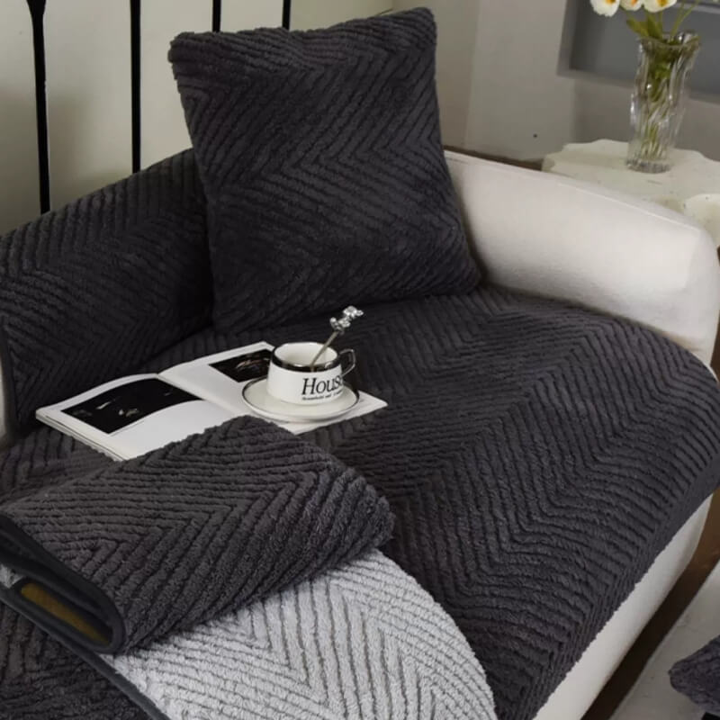 Thick Plush Herringbone Couch Cover with Non-Slip Bottom