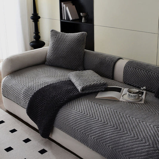 Thick Plush Herringbone Couch Cover with Non-Slip Bottom
