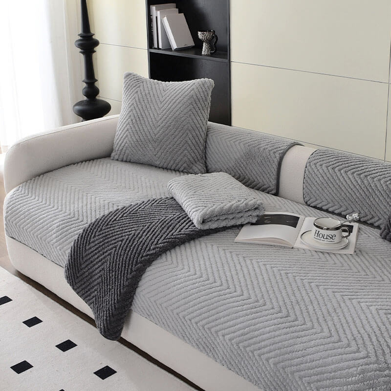 Thick Plush Herringbone Couch Cover with Non-Slip Bottom