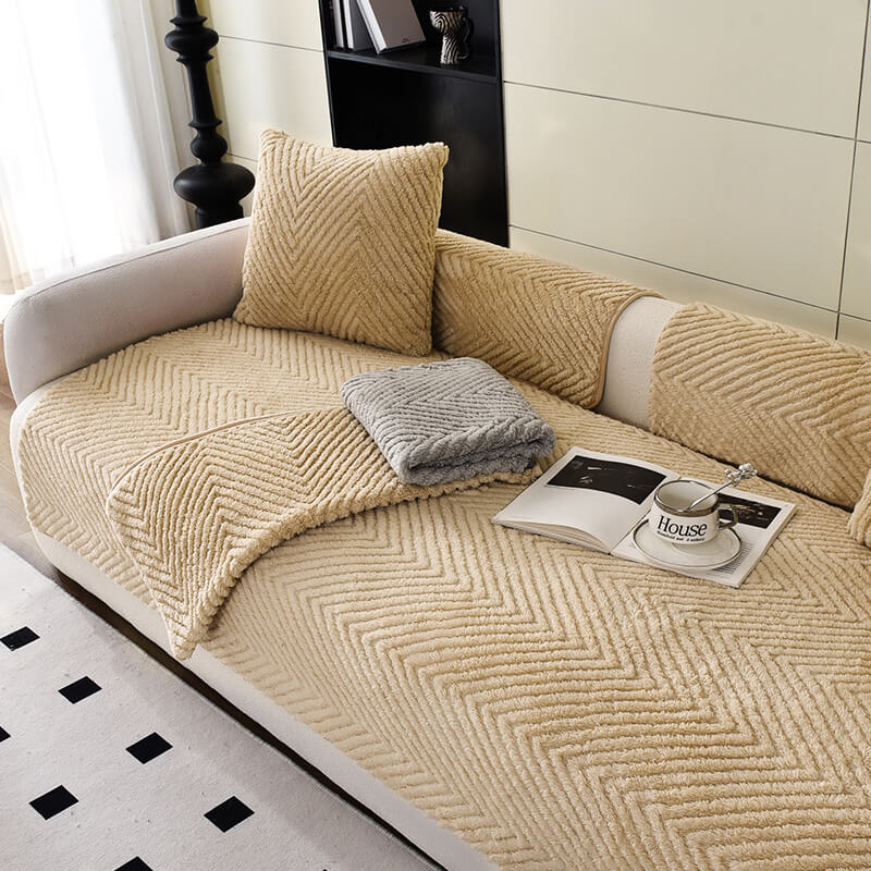 Thick Plush Herringbone Couch Cover with Non-Slip Bottom
