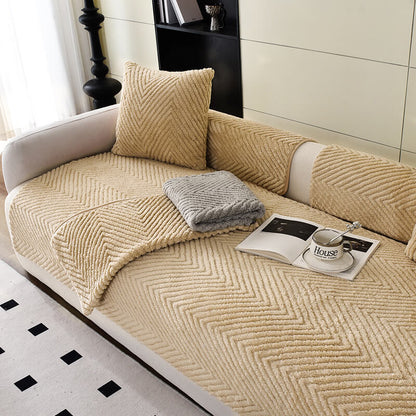 Thick Plush Herringbone Couch Cover with Non-Slip Bottom