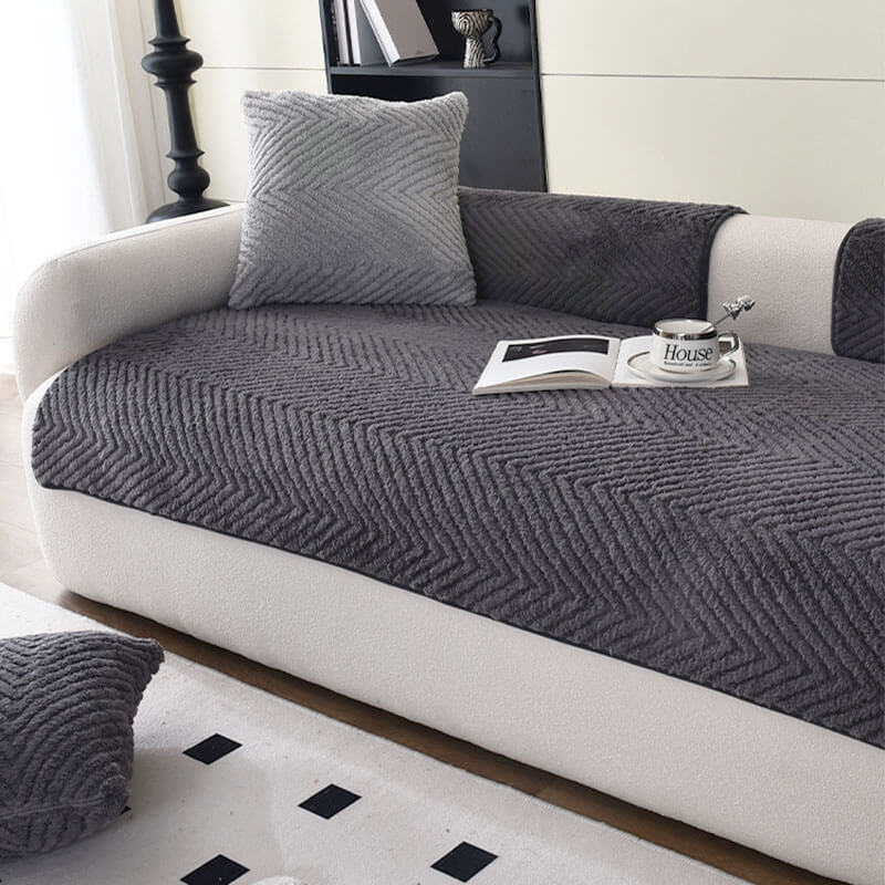Thick Plush Herringbone Couch Cover with Non-Slip Bottom
