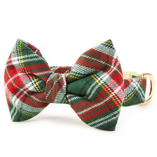 Red & Green Plaid Flannel Dog Collar with Removable Bow Tie