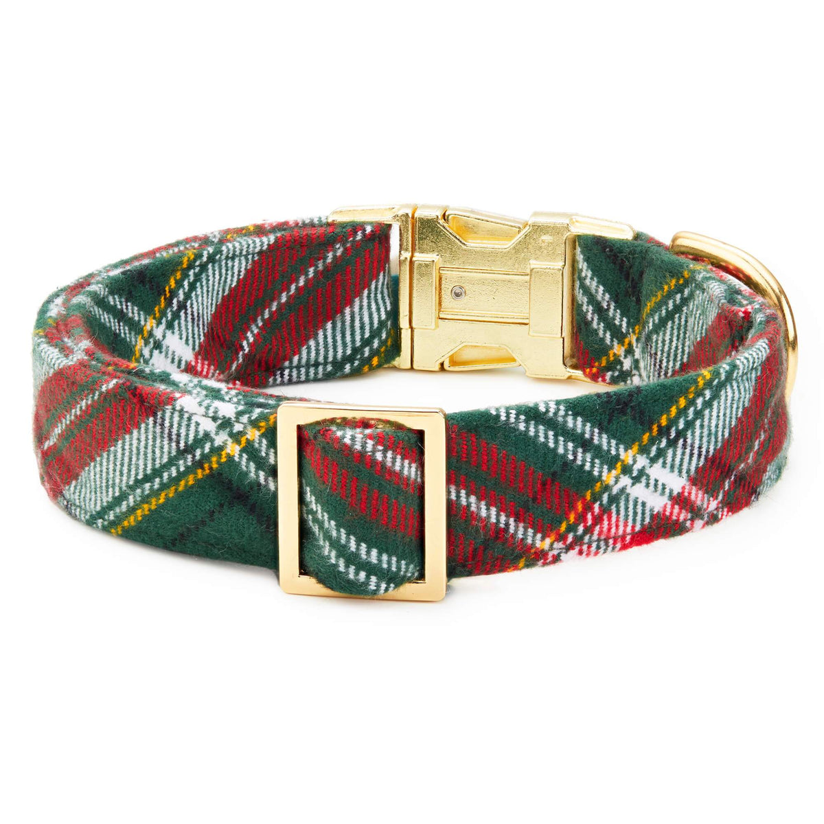 Green & Red Plaid Flannel Dog Collar with Gold Hardware