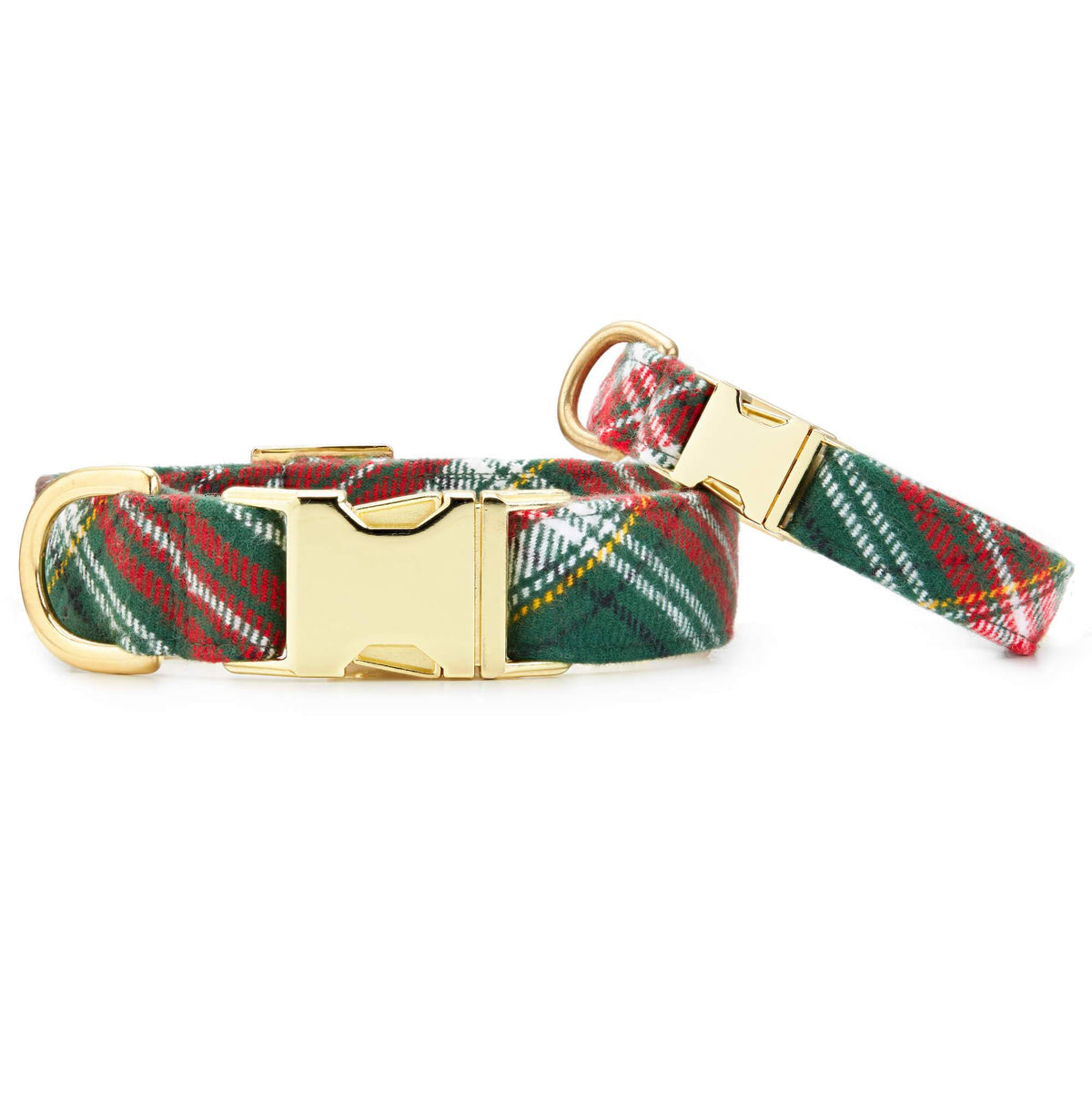 Green & Red Plaid Flannel Dog Collar with Gold Hardware