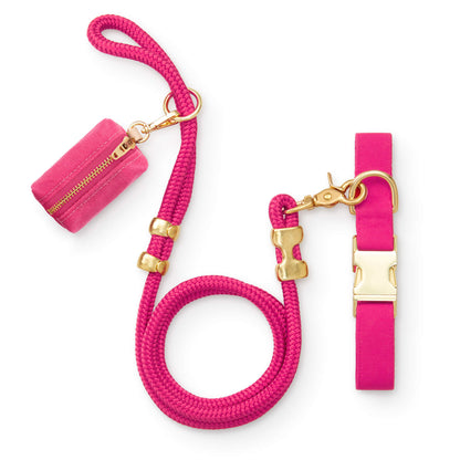 Hot Pink Cotton Dog Collar and Rope Leash Walk Set with Bag Holder