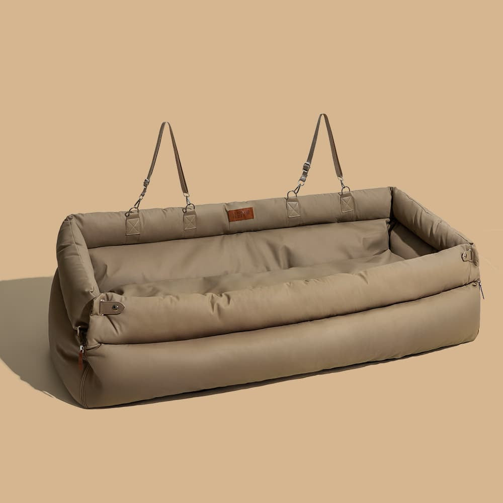 Faux Leather Dog Car Booster Bed with Safety Leash, Waterproof