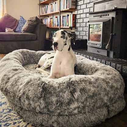 Extra-Large Oval Faux Fur Dog Bed with Throw Blanket, Grey or Brown