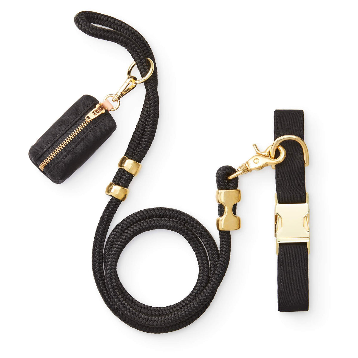 Black Cotton-Blend Dog Collar and Rope Leash Walk Set with Bag Holder