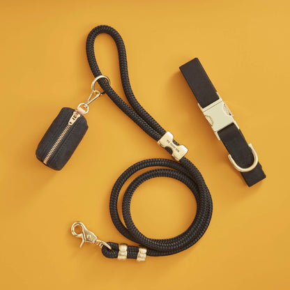 Black Cotton-Blend Dog Collar and Rope Leash Walk Set with Bag Holder