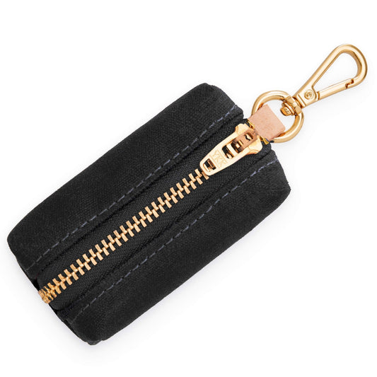 Black Waxed Canvas Dog Waste Bag Holder with Leash Clip