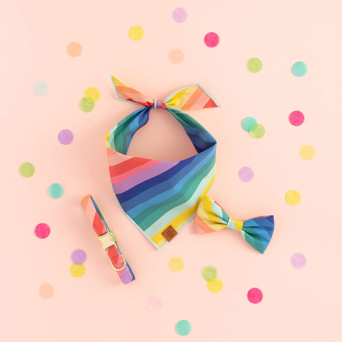 Rainbow Stripe Cotton Dog Collar with Gold Hardware