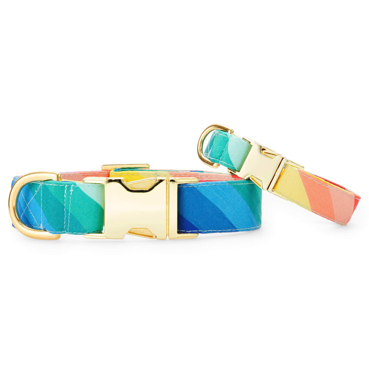 Rainbow Stripe Cotton Dog Collar with Gold Hardware