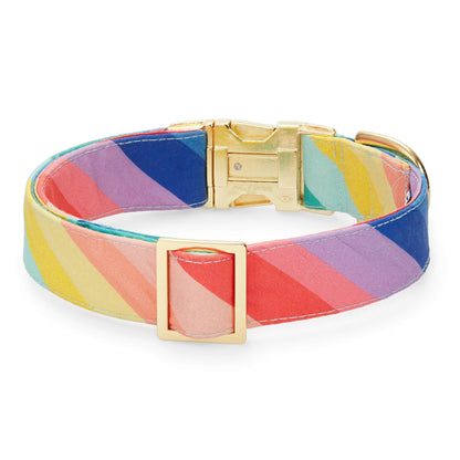 Rainbow Stripe Cotton Dog Collar with Gold Hardware
