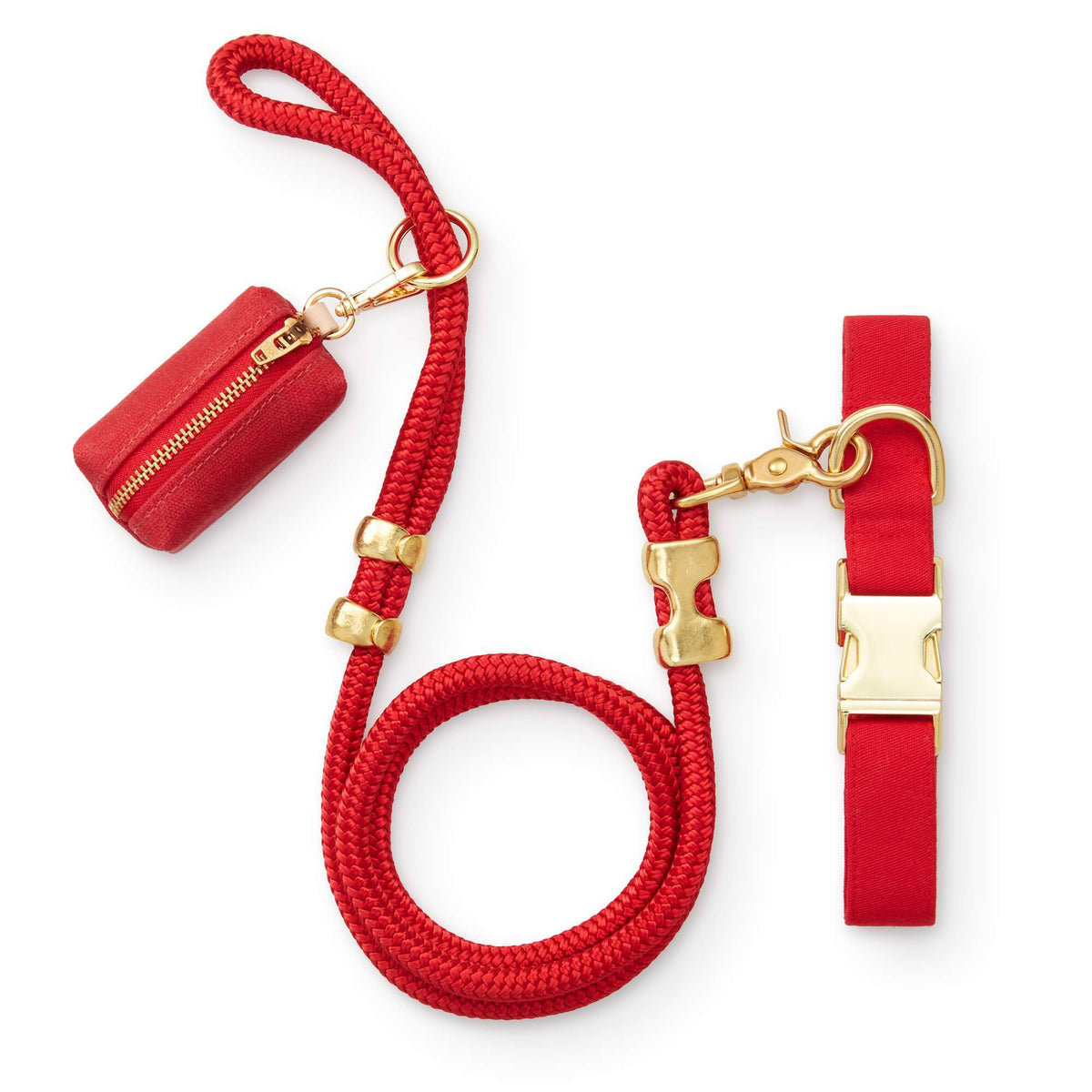 Ruby Red Cotton-Blend Dog Collar and Rope Leash Walk Set
