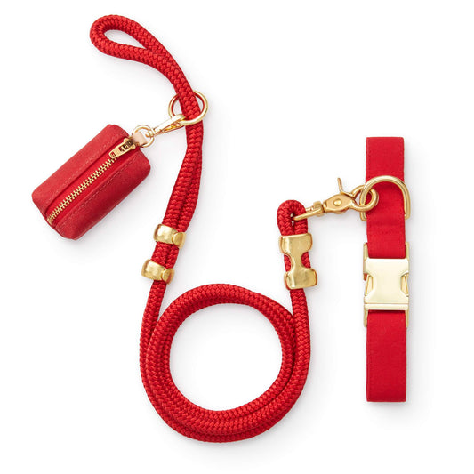 Ruby Red Cotton-Blend Dog Collar and Rope Leash Walk Set