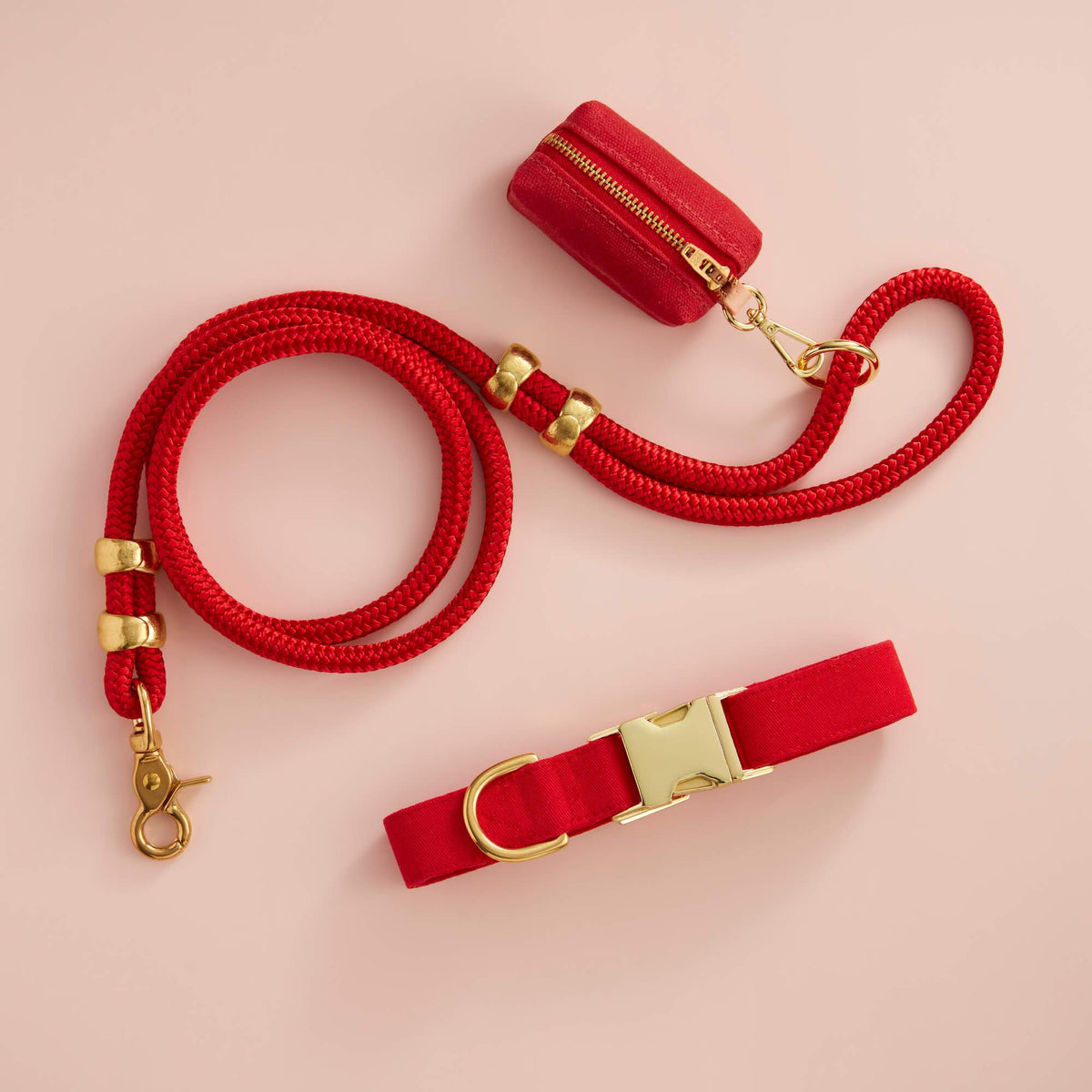 Ruby Red Cotton-Blend Dog Collar and Rope Leash Walk Set