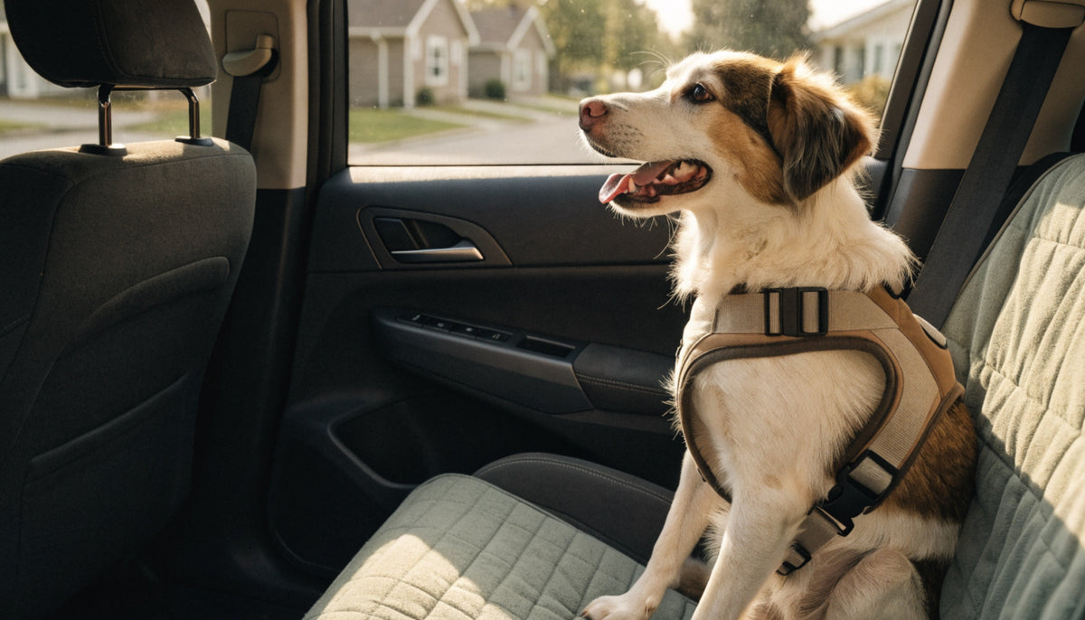 A dog in a padded harness on a quilted car seat cover
