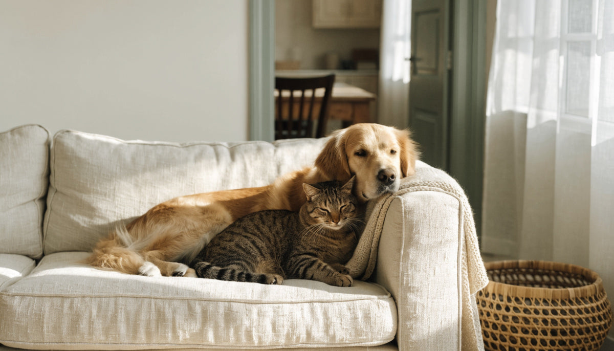 A golden retriever and a tabby cat resting together on a cream sofa