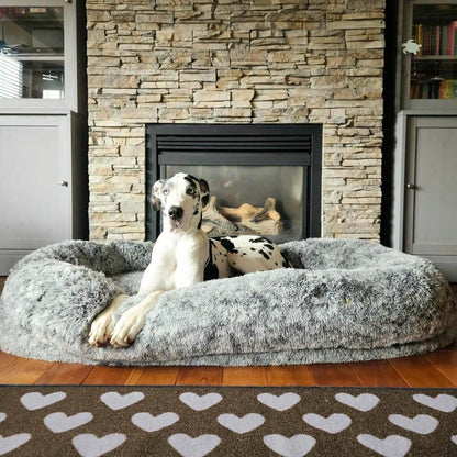 Extra-Large Oval Faux Fur Dog Bed with Throw Blanket, Grey or Brown