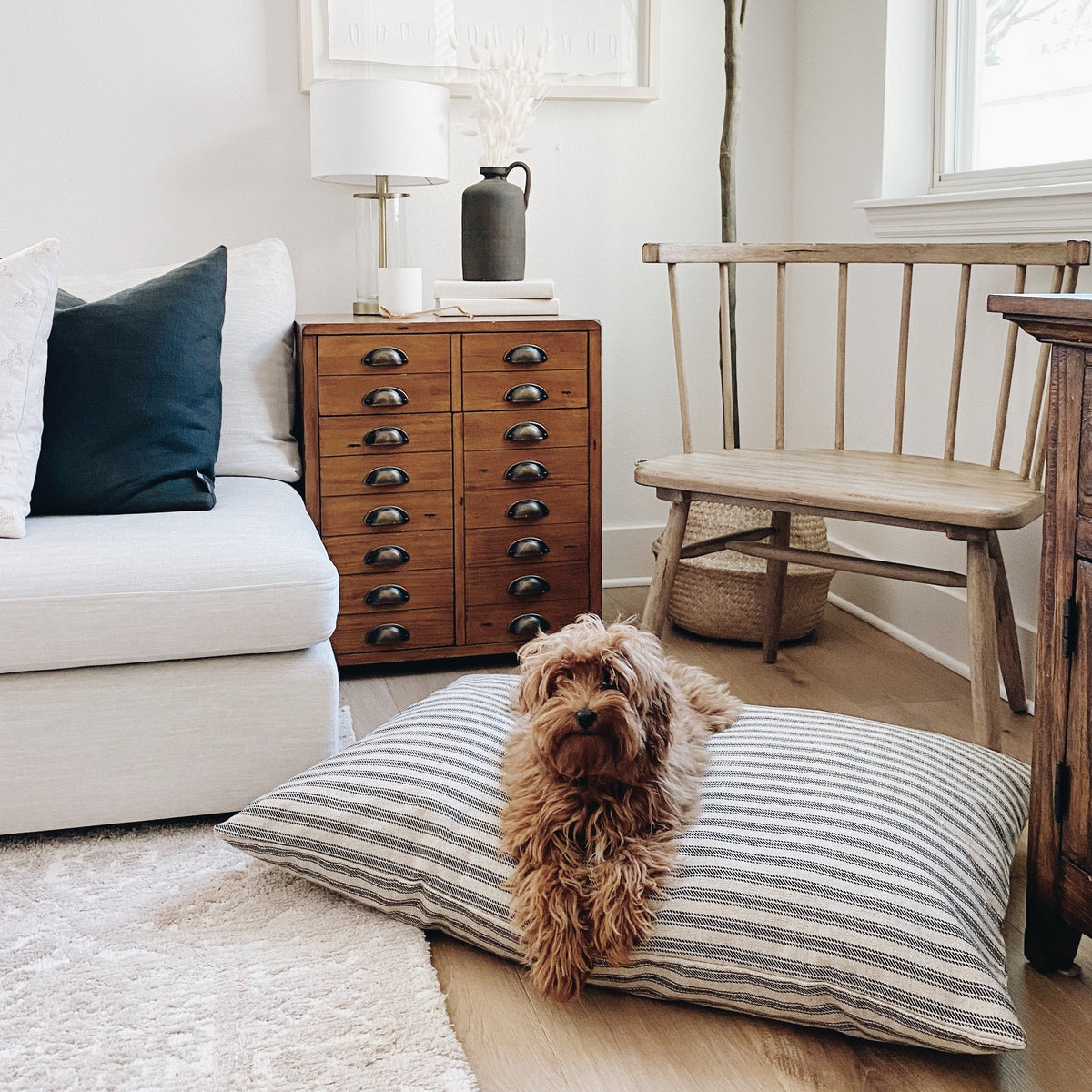 Brown Ticking Stripe Cotton Dog Bed with Removable Washable Cover