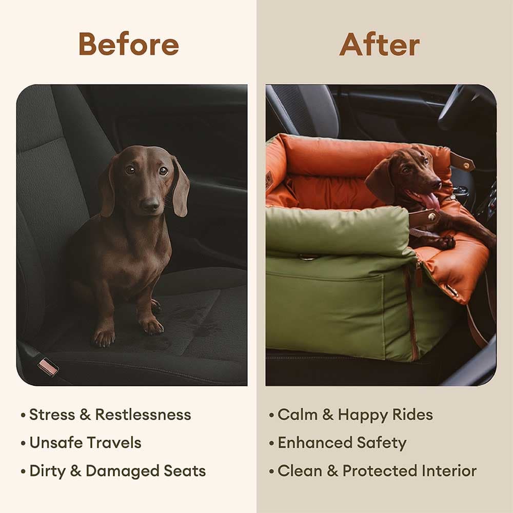 Faux Leather Dog Car Booster Bed with Safety Leash, Waterproof