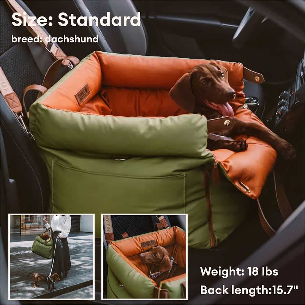Faux Leather Dog Car Booster Bed with Safety Leash, Waterproof